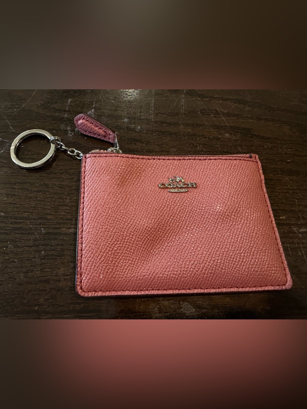 Coach Saffiano Glitter Rose Pink Leather Mini Skinny Zip Card Holder EUC